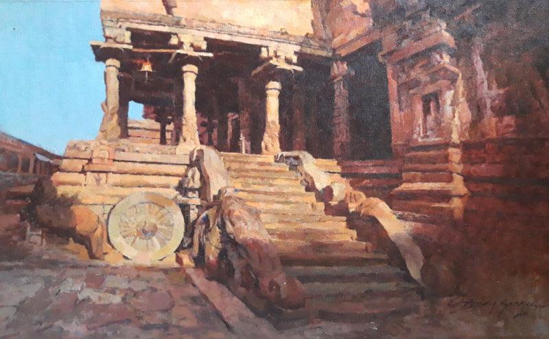 Religious acrylic painting titled 'The Chola Chariot', 16x26 inches, by artist Ajay Sangve on Canvas