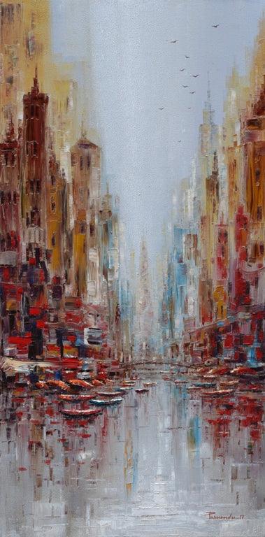 Cityscape oil painting titled 'The City', 48x24 inches, by artist Purnendu Mandal on Canvas