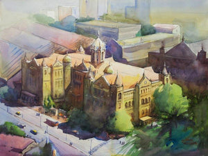The Crown In Glory by Gulshan Achari, Original Watercolor Cityscape Painting on Paper, Small Horizontal Wall Art