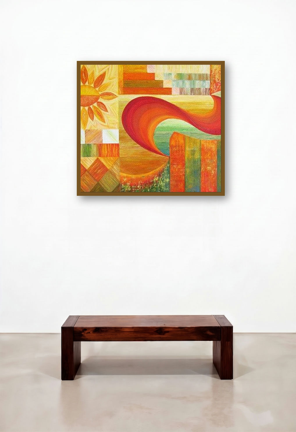 The Curve (Crimson Current) by artist Manju Lamba displayed in a Eclectic Lounge