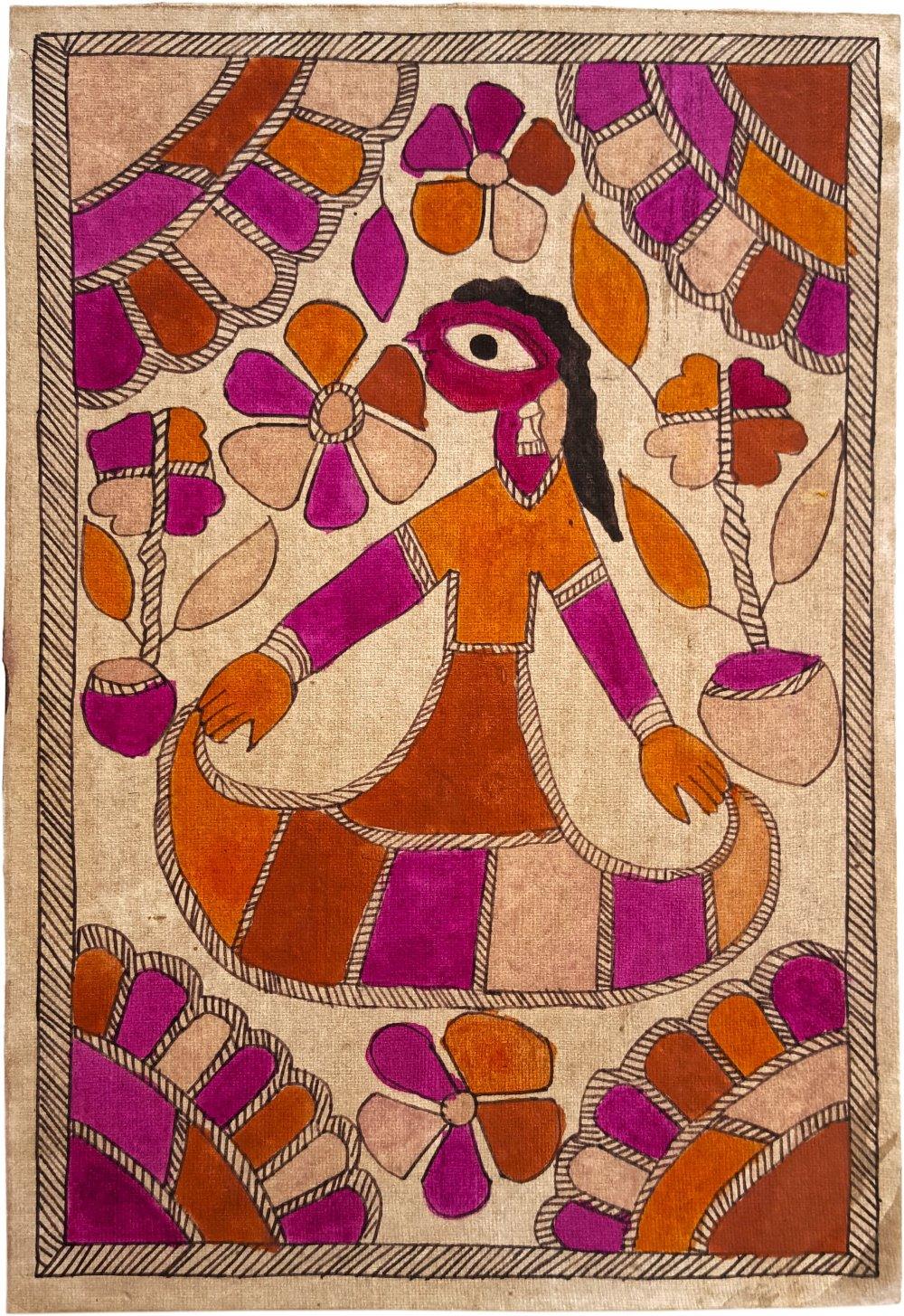 Folk Art madhubani traditional art titled 'The Dancing Maiden Madhubani Art', 11x8 inches, by artist Yamuna Devi on Handmade Paper