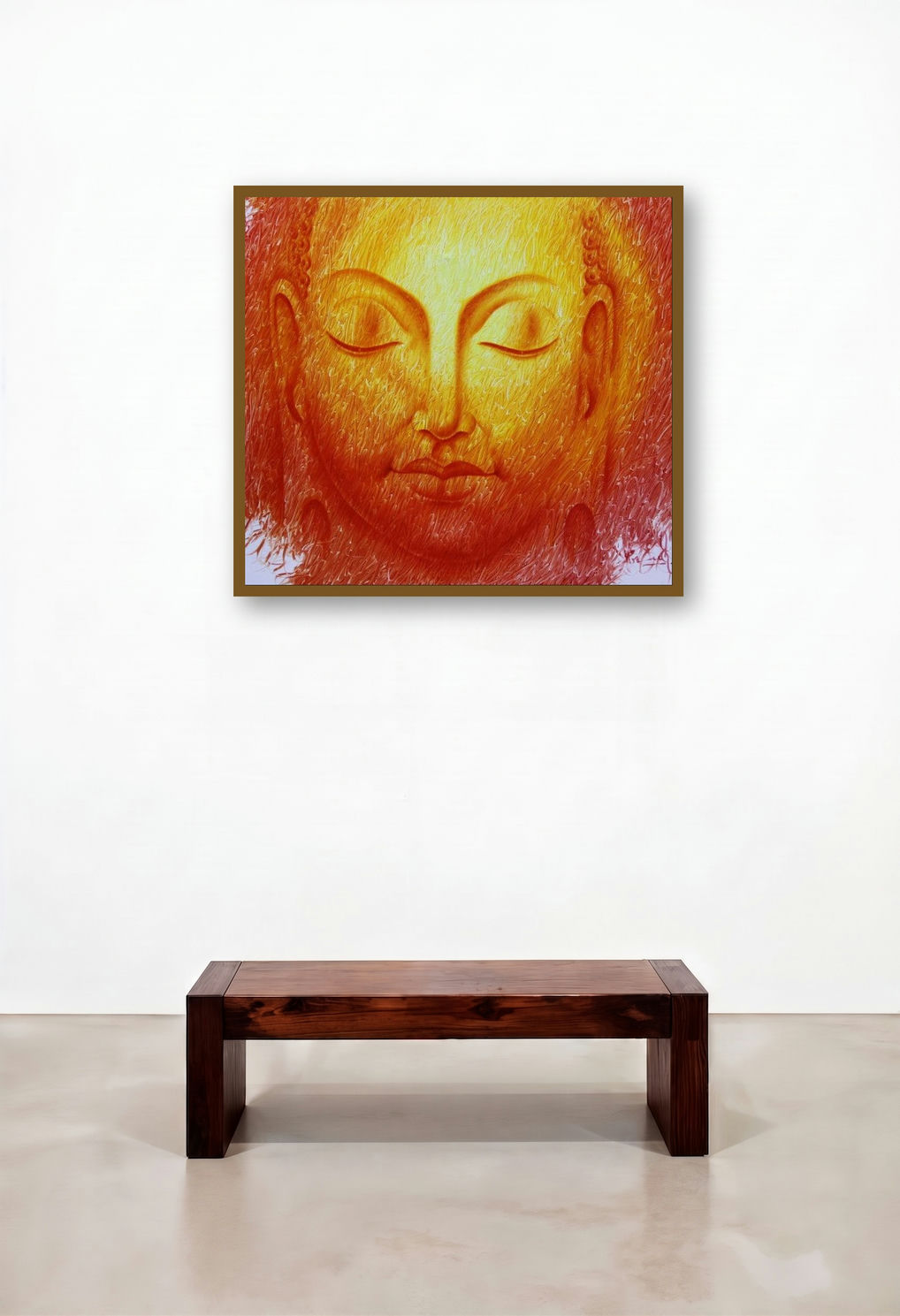 The Divine Light (Buddha) by artist Prince Chand displayed in a Mid-Century Modern Executive Office