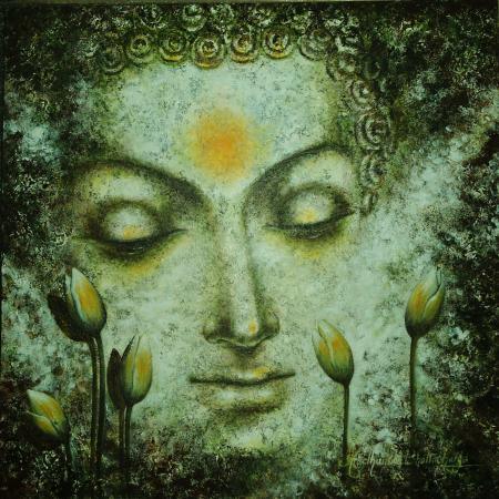 Portrait acrylic painting titled 'The Divine Soul of Buddha', 30x30 inches, by artist Madhumita Bhattacharya on Canvas