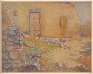The Door by Fareed Ahmed, Original Watercolor Cityscape Painting on Canvas Board, Small Horizontal Wall Art