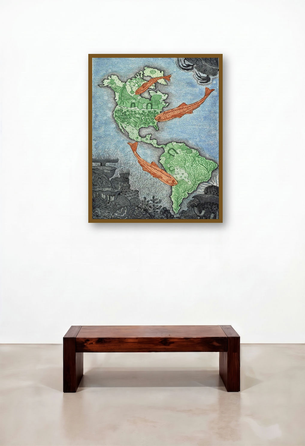 The Dream Of Dragon Fishs In America (The Great Migration) by artist Bitarka Majumder displayed in a Transitional Hallway