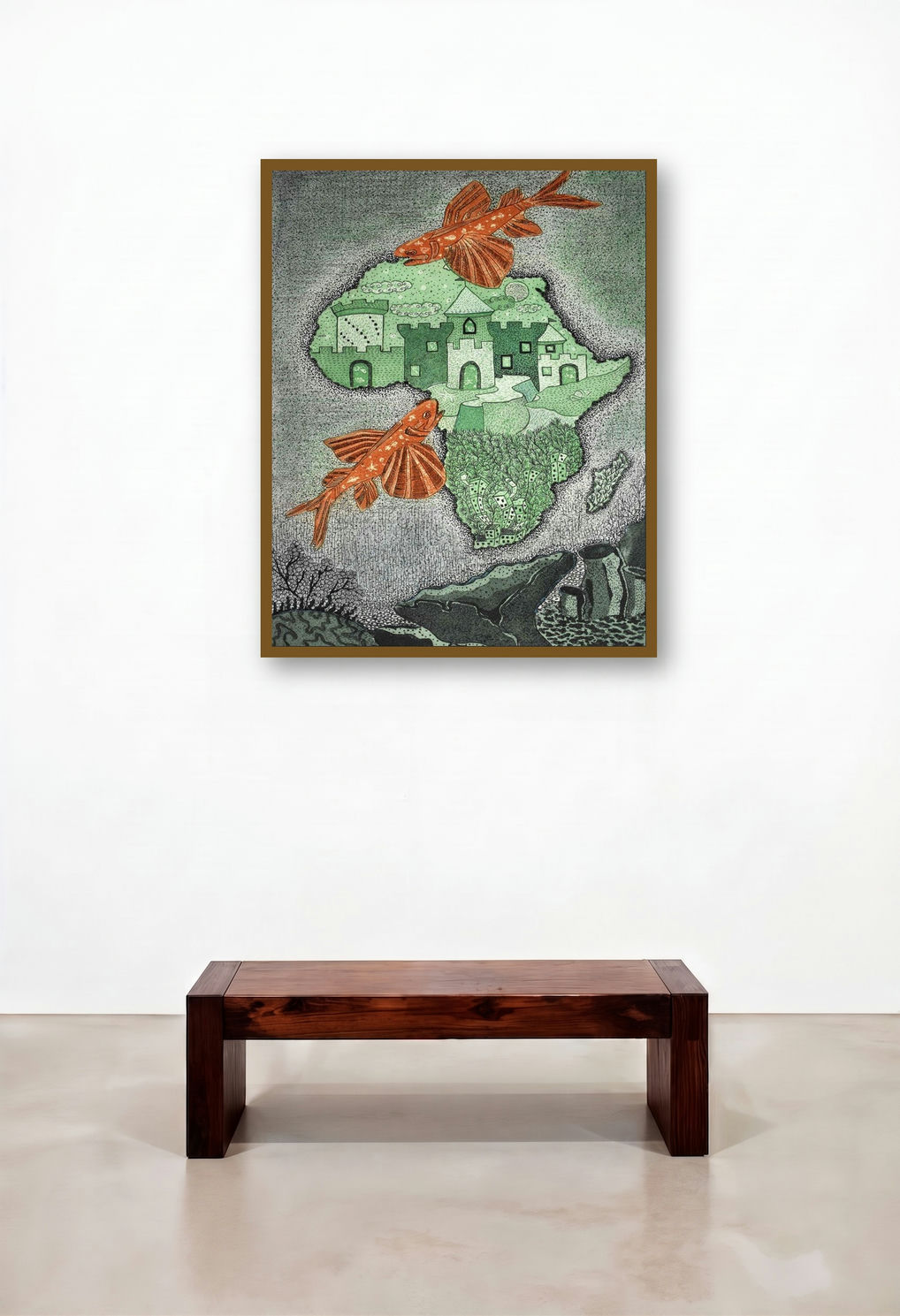The Dream Of Lantern Fishs In Africa (African Odyssey) by artist Bitarka Majumder displayed in a Minimalist Dining Room