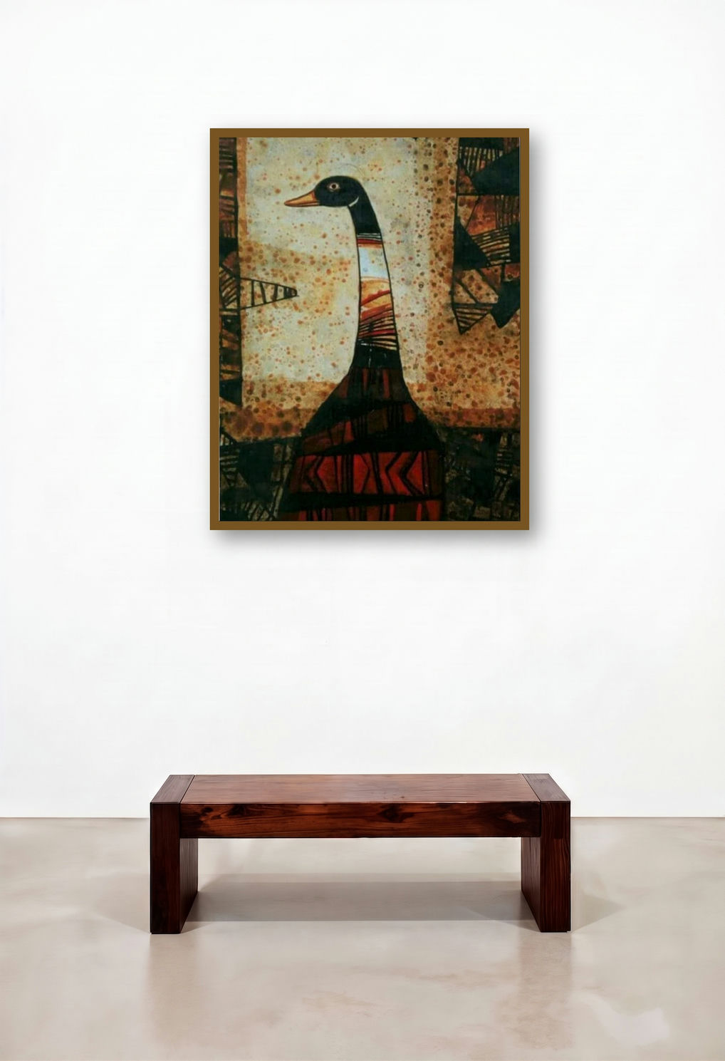The Duck (Serene Presence) by artist Mihir Kayal displayed in a Mid-Century Modern Foyer