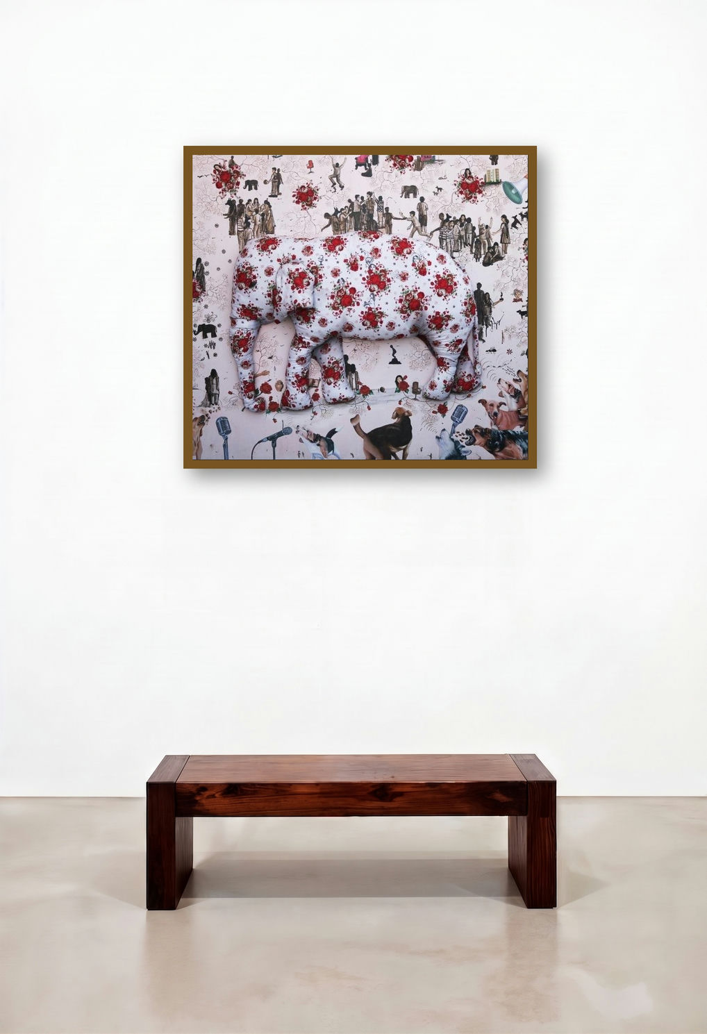The Elephant Keeps On Walking As Dogs by artist Pranita Das displayed in a Japandi Dining Room