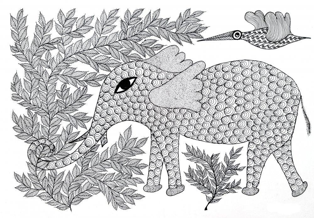 Folk Art gond traditional art titled 'The Elephant Of Good Fortune Gond Art', 10x14 inches, by artist Umaid Singh Patta on Paper