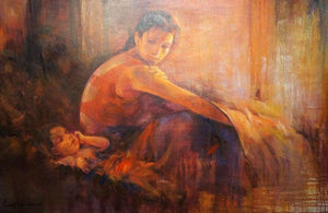 The Emotional Watching 3 by Ranjit Sarkar, Original Acrylic Figurative Painting on Canvas, X-Large Horizontal Wall Art