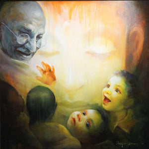 Figurative acrylic painting titled 'The Emotional Watching 4', 36x36 inches, by artist Ranjit Sarkar on Canvas
