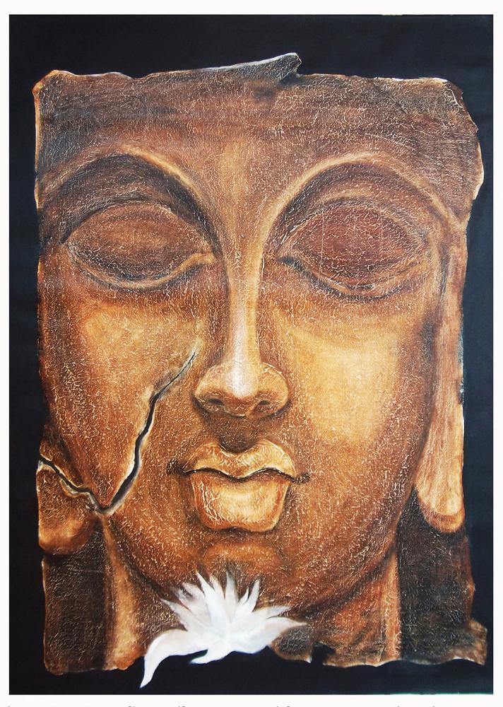Religious oil painting titled 'The Face Ii', 36x48 inches, by artist Manoj Muneshwar on Canvas