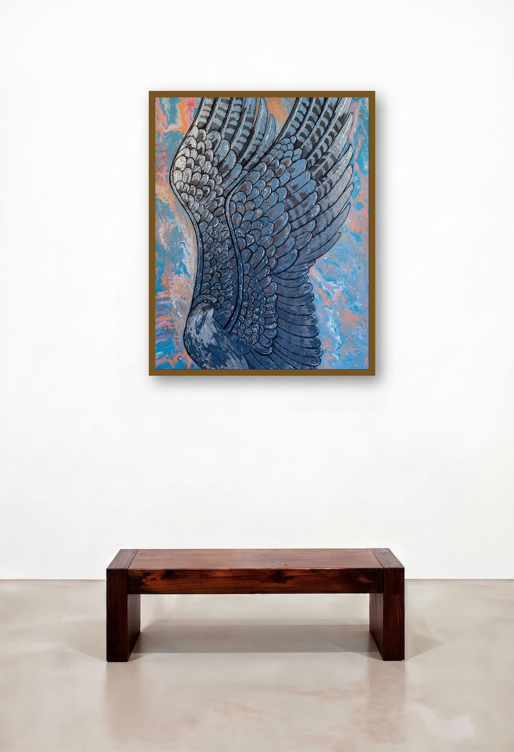 The Falcon (Freedom's Flight**) by artist Shivani Attri displayed in a Rustic Hotel Suite