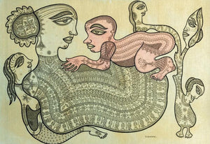 The Fertility (The Circle of Life) by Subhendu Ghosh, Original Mixed Media Figurative Painting on Board, Medium Horizontal Wall Art