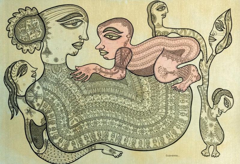 Figurative mixed media painting titled 'The Fertility', 21x30 inches, by artist Subhendu Ghosh on Golden Board