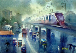 The Flying Metro (Metro Transit) by Gulshan Achari, Original Watercolor Cityscape Painting on Paper, Small Horizontal Wall Art