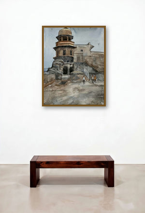 The Fort (Ancient Echoes) by artist Prasad Thite displayed in a Mid-Century Modern Study