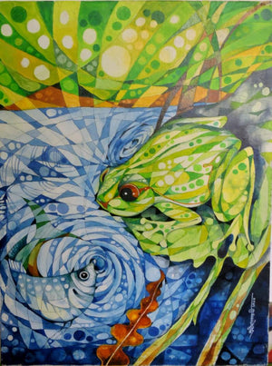 The Frog (Verdant Vigil: A Frogs Gaze) by Pradip Goswami, Original Acrylic Figurative Painting on Canvas, X-Small Square Wall Art