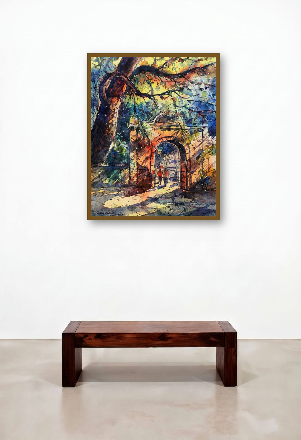 The Gate From Old City (Sunlit Passage) by artist Sadek Ahmed displayed in a Rustic Foyer