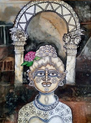 Figurative mixed media painting titled 'The Golden Gate 1', 24x18 inches, by artist Runa Biswas on Fabriano Paper