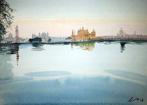 The Golden Temple (Golden Temple, Amritsar) by Arunava Ray, Original Watercolor Religious Painting on Paper, X-Small Horizontal Wall Art