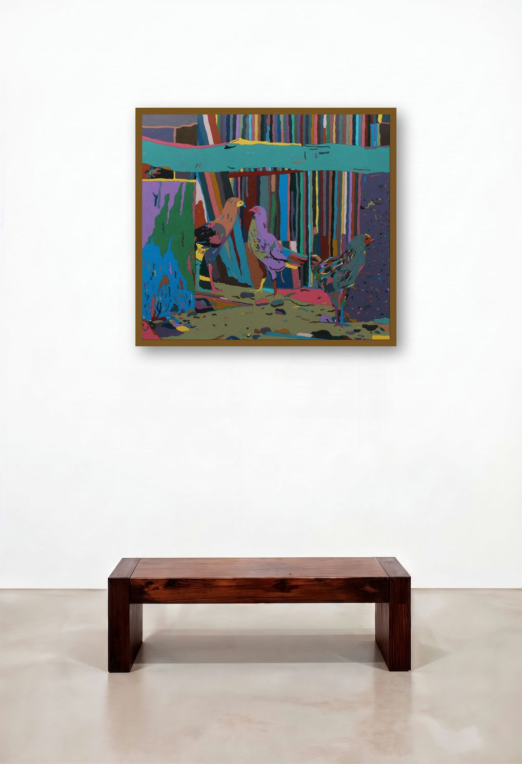 The Gossip (Colorful Coop) by artist Kiran Gunjkar displayed in a Art Deco Study