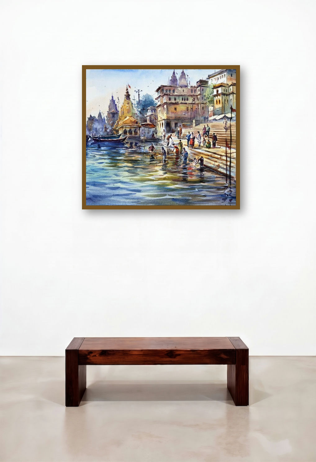The Holy Dip At Kashi Banaras (Eternal Varanasi) by artist Gulshan Achari displayed in a Rustic Bedroom