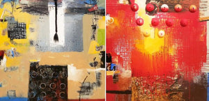 The Inner Pains And Pangs ( Diptych) by Shyamal Roy Chowdhury, Original Mixed Media Contemporary Painting on Canvas, X-Large Horizontal Wall Art