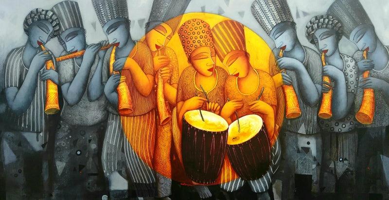 Figurative acrylic painting titled 'The Journey 2', 36x72 inches, by artist Samir Sarkar on Canvas