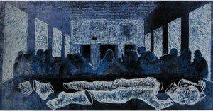 The Last Supper by Mithun Dasgupta, Original Fabric Fantasy Painting on Paper, Small Horizontal Wall Art