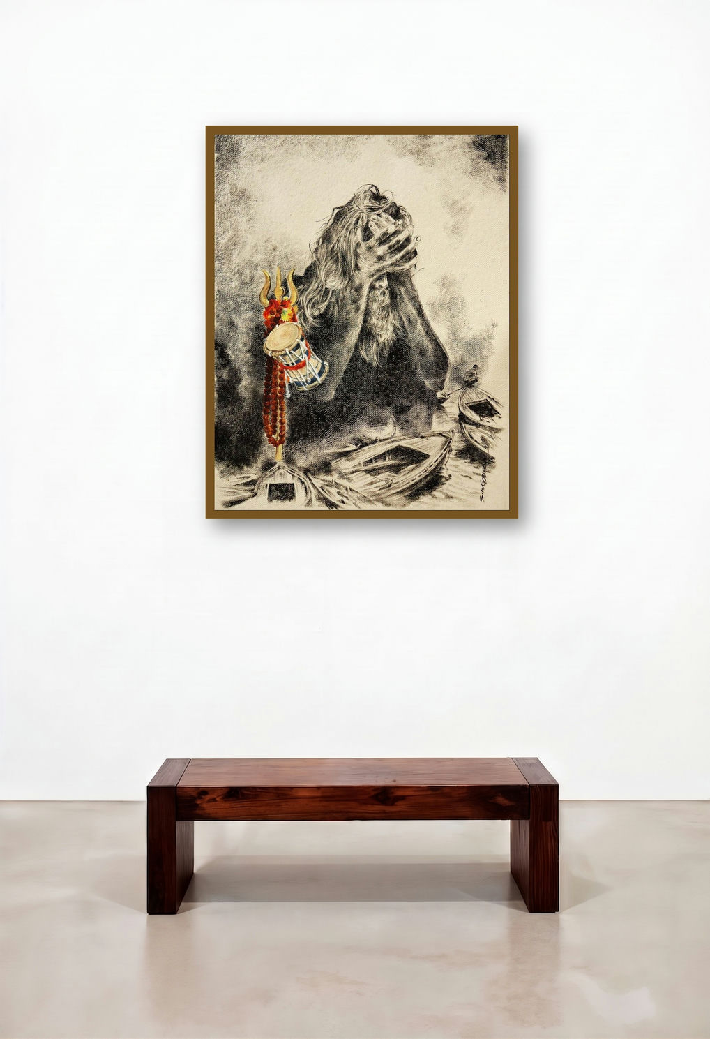 The Lost Saint (Cosmic Anguish) by artist Shambhu Nath Goswami displayed in a Scandinavian Dining Room