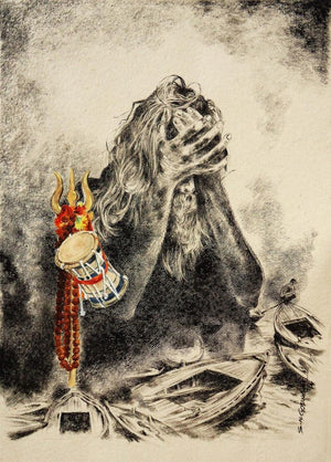 The Lost Saint (Cosmic Anguish) by Shambhu Nath Goswami, Original Mixed Media Expressionist Painting on Paper, Small Vertical Wall Art