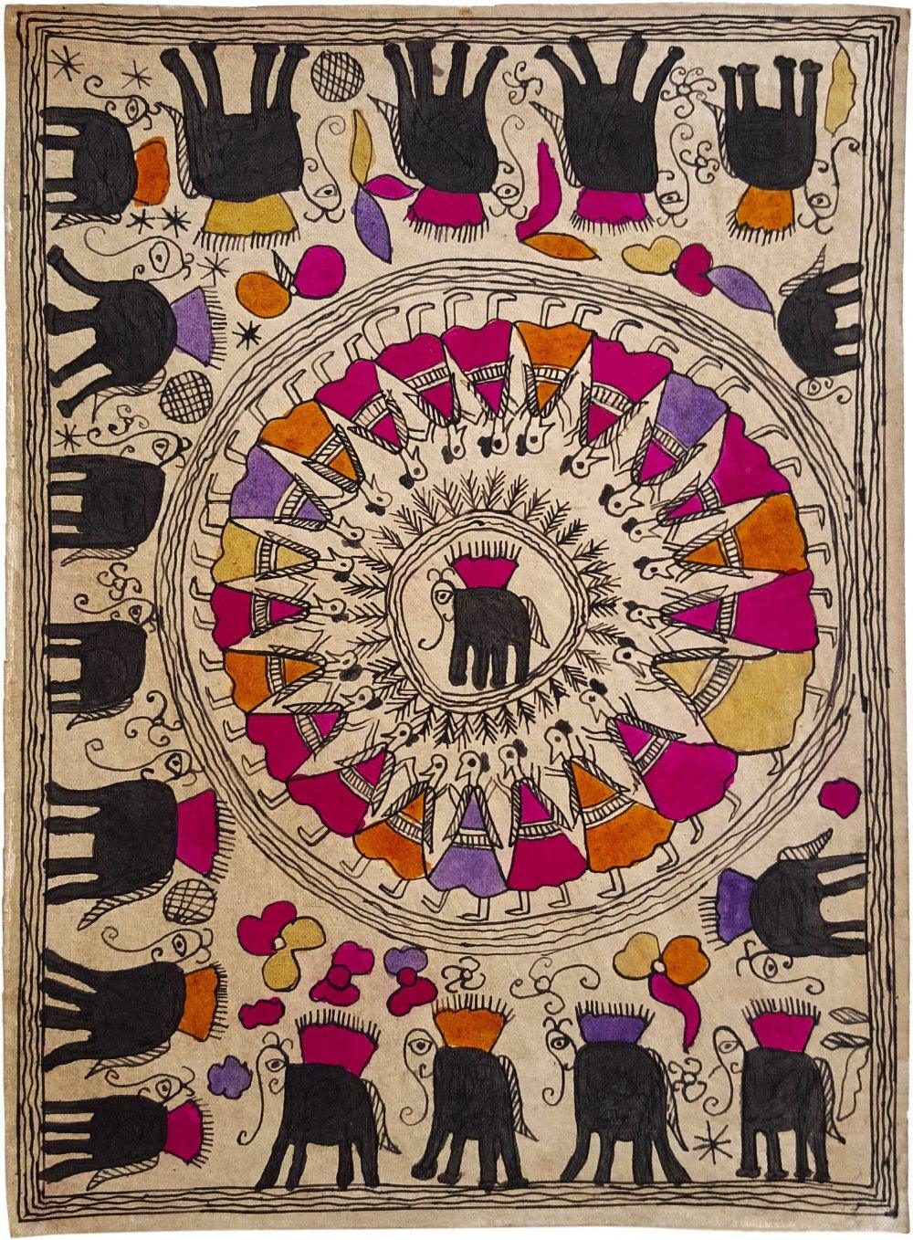 Folk Art madhubani traditional art titled 'The Magnificent Cavalcade Madhubani Art', 16x12 inches, by artist Yamuna Devi on Handmade Paper