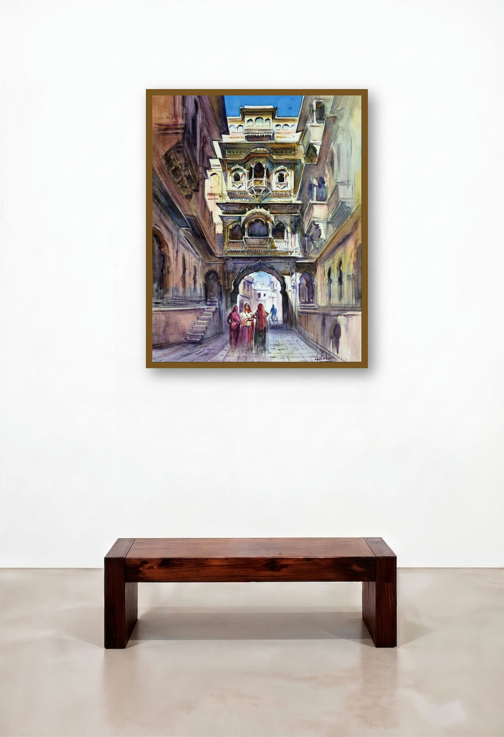 The Magnificient Jailsalmer Haveli (A Glimpse of Rajasthani Architecture) by artist Gulshan Achari displayed in a Japandi Penthouse