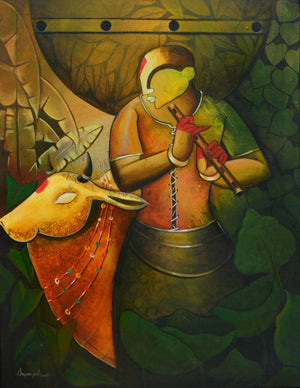 Religious acrylic painting titled 'The Mesmerizing Tunes 19', 36x47 inches, by artist Anupam Pal on canvas