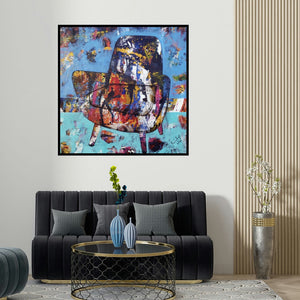 Prashalee Gaikwad's 'The Mighty Chair 2 (The Daydream Chair)' painting visualized above a sofa in a contemporary room.