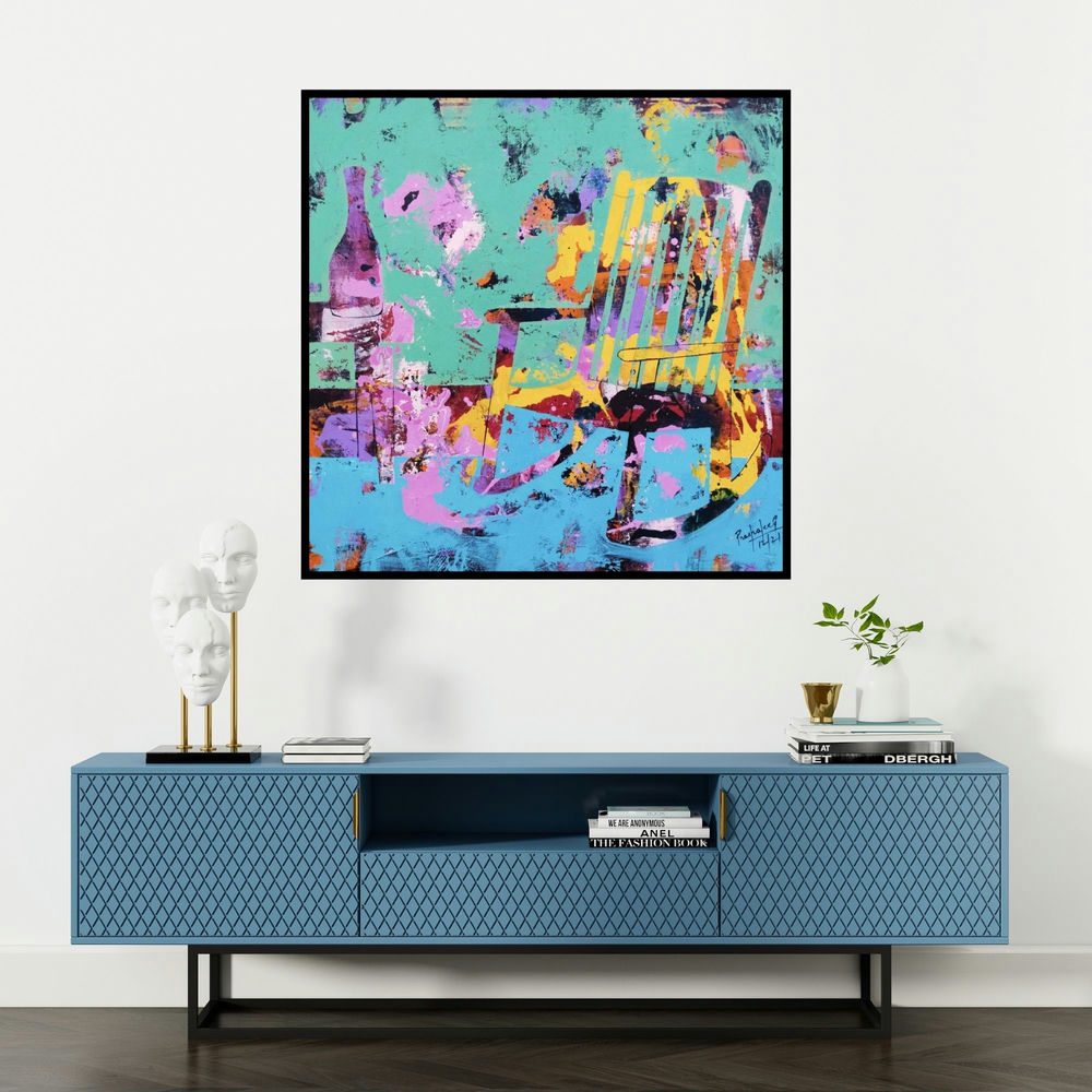 'The Mighty Chair (The Relaxed Moment)' painting by Prashalee Gaikwad shown on a wall in a furnished room.