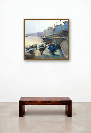 The Morning Glow At Varanasi (Morning Calm on the Ghats) by artist Gulshan Achari displayed in a Eclectic Reception Area