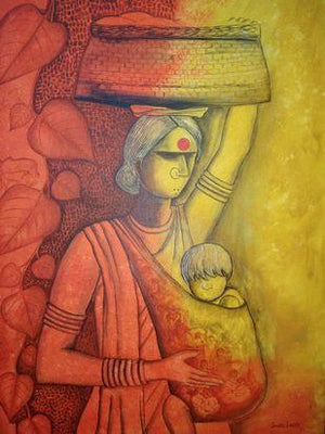 Figurative acrylic painting titled 'The Mother', 24x36 inches, by artist Janaki Injety on Canvas