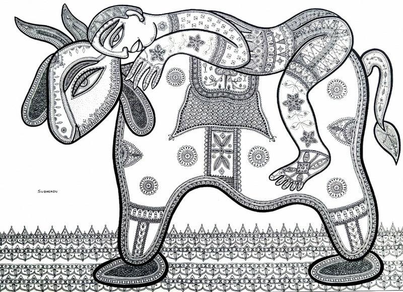 Figurative pen ink drawing titled 'The Mother Lap', 20x25 inches, by artist Subhendu Ghosh on Paper