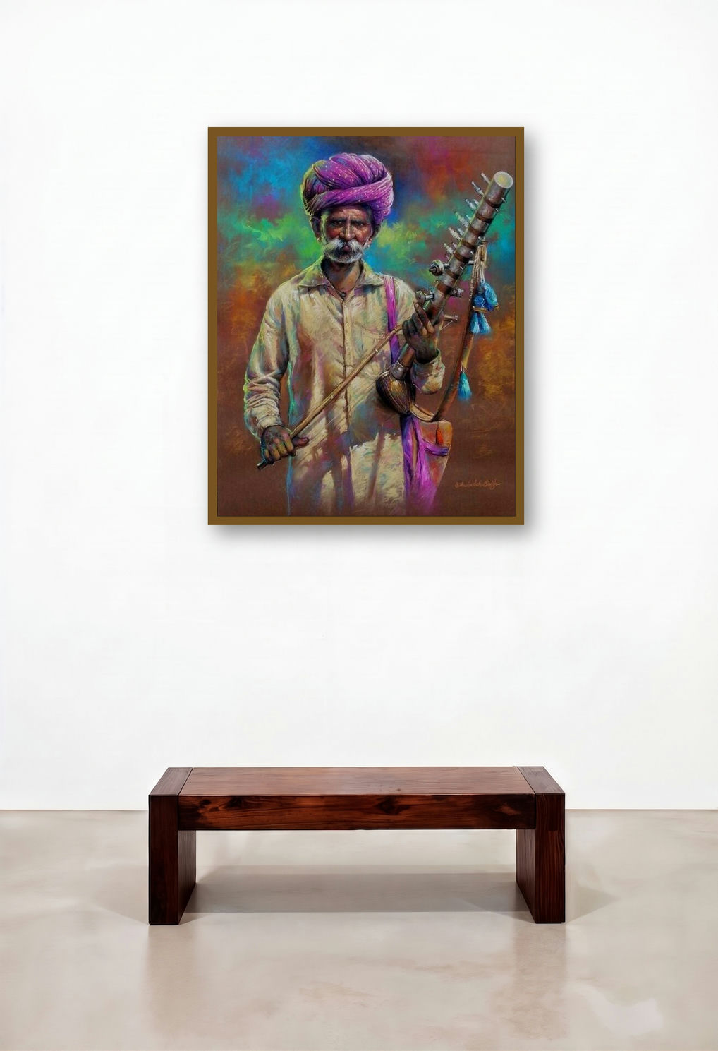 The Musician by artist Balwinder Singh displayed in a Scandinavian Dining Room