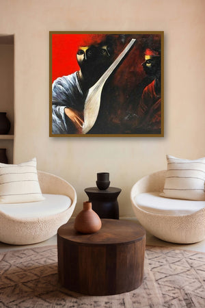 The Musician Ii (Celestial Harmony: A Duet of Souls) by artist Narayan Shelke displayed in a Museum Style gallery