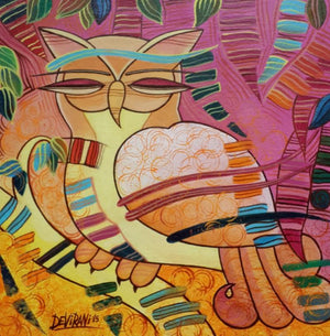 The Owl (Guardian of the Woods) by Devirani Dasgupta, Original Acrylic Figurative Painting on Canvas Board, X-Small Square Wall Art