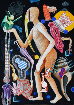 The Passage (A Journey Through the Unconscious) by Joydip Sengupta, Original Mixed Media Contemporary Painting on Paper, Small Vertical Wall Art