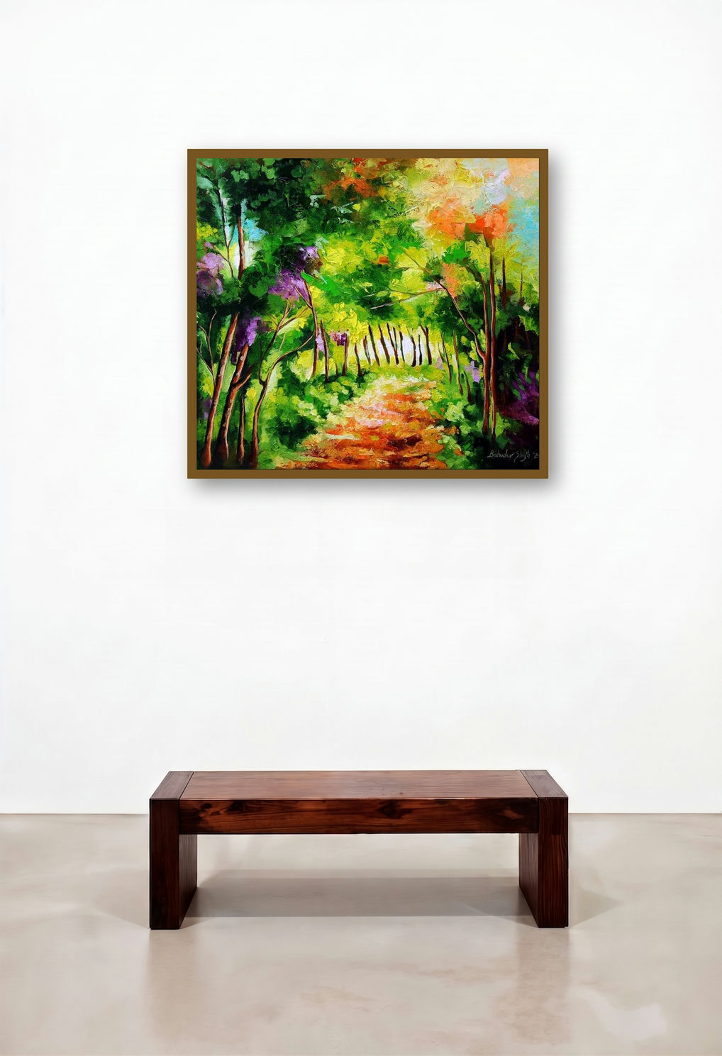 The Path Through Change 3 (Forest Path) by artist Bahadur Singh displayed in a Contemporary Hallway