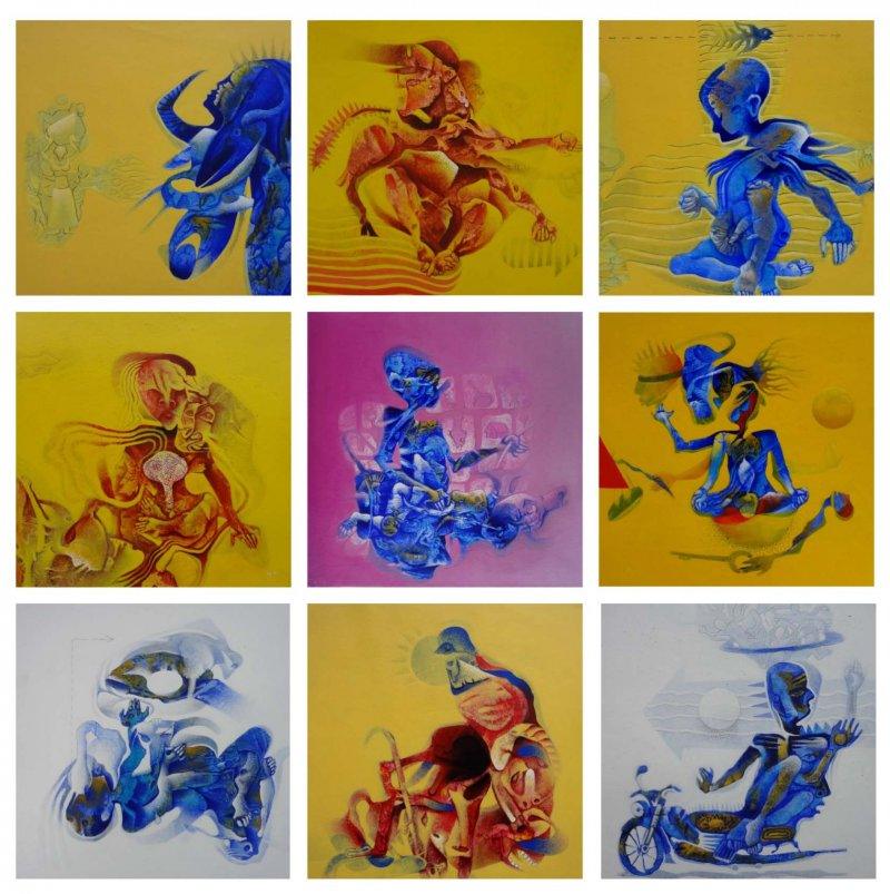 Figurative acrylic painting titled 'The Peace of Life', 42x42 inches, by artist Mahesh Pal Gobra on paper