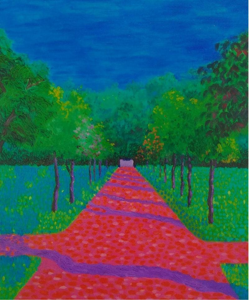 Landscape acrylic oil painting titled 'The Pink Road', 16x20 inches, by artist PROTYUSHA MITRA on Canvas