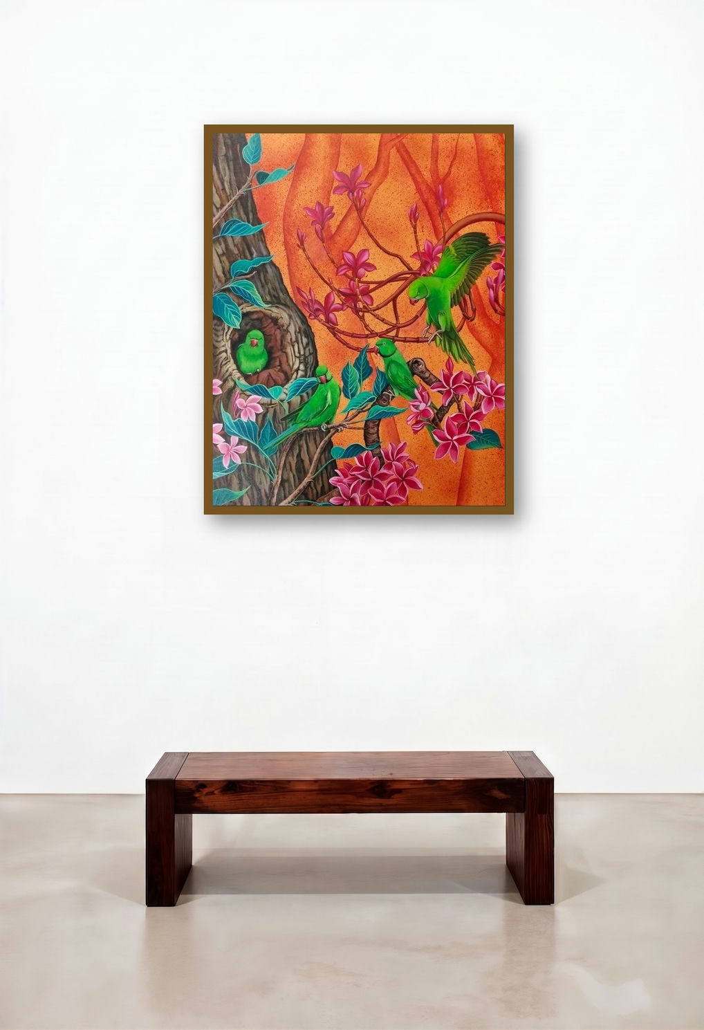 The Quartet (Parrot Paradise) by artist Vani Chawla displayed in a Minimalist Executive Office