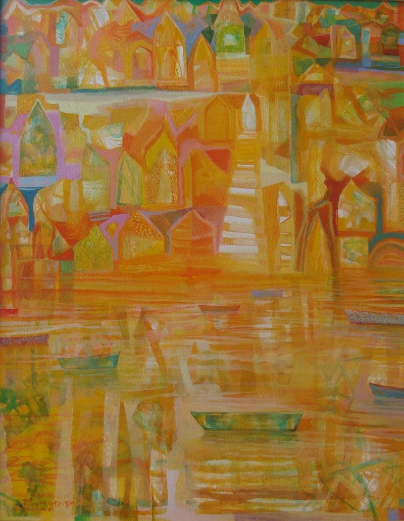 Landscape acrylic painting titled 'The River 2', 30x24 inches, by artist Ranadip Mukherjee on Canvas