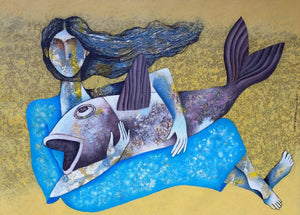 The River Deity (Bound by the Sea) by Ranjith Raghupathy, Original Acrylic Figurative Painting on Canvas, Medium Horizontal Wall Art